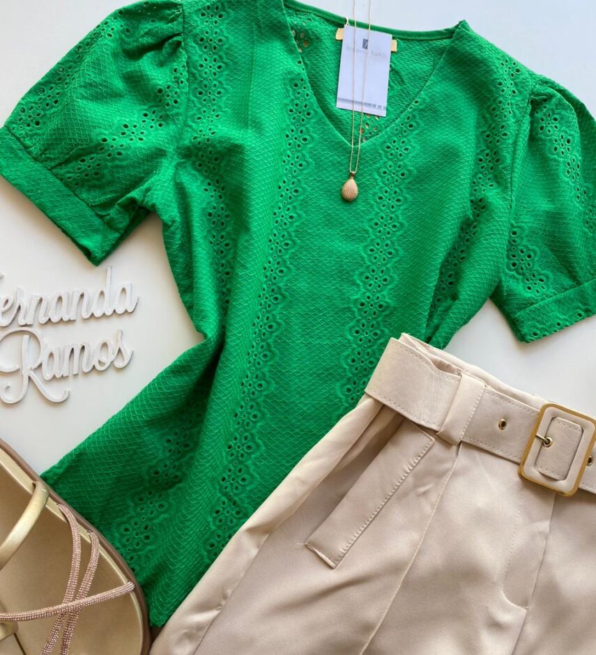 Blusa Feminina Manga Curta Valentina de Laise Verde - Fernanda Ramos Store