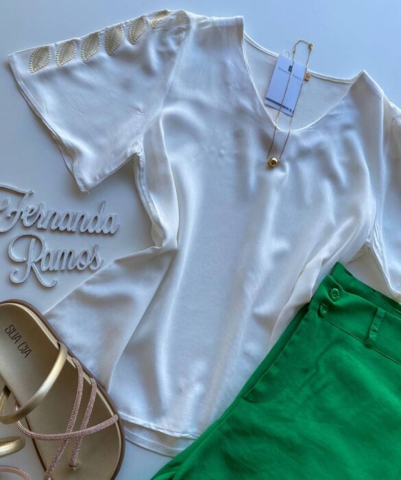 Blusa Feminina Sophia Manga Curta com Detalhe Bordado Branco - Fernanda Ramos Store