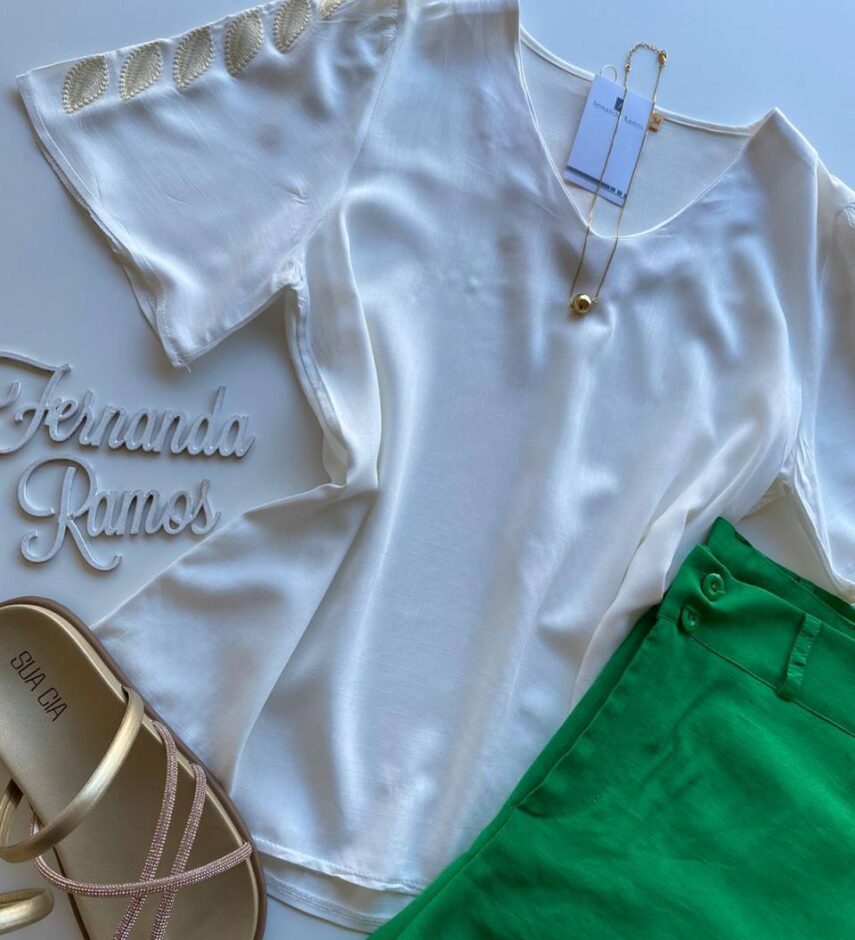 Blusa Feminina Sophia Manga Curta com Detalhe Bordado Branco - Fernanda Ramos Store