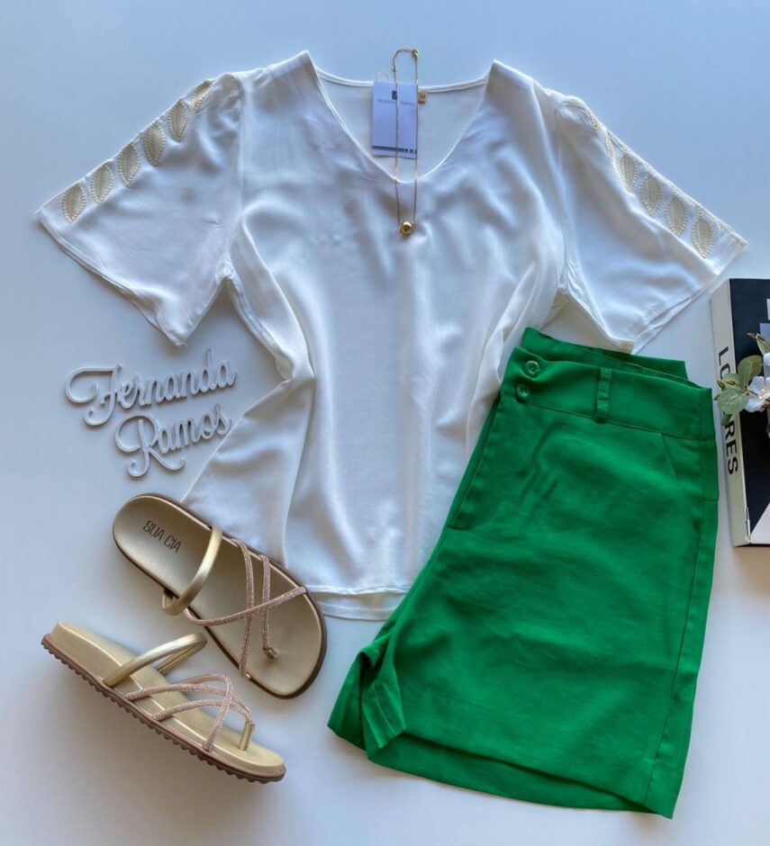 Blusa Feminina Sophia Manga Curta com Detalhe Bordado Branco - Fernanda Ramos Store