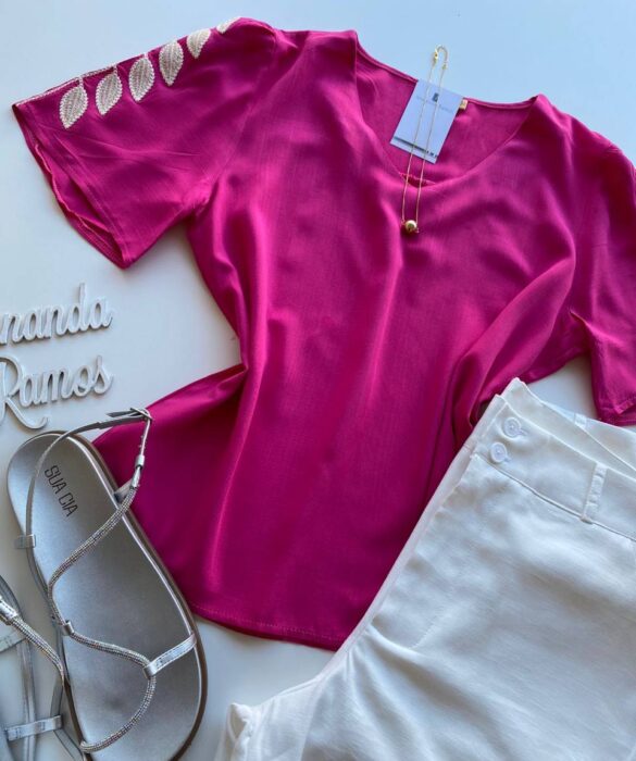 Blusa Feminina Sophia Manga Curta com Detalhe Bordado Pink - Fernanda Ramos Store