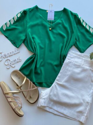 Blusa Feminina Sophia Manga Curta com Detalhe Bordado Verde - Fernanda Ramos Store