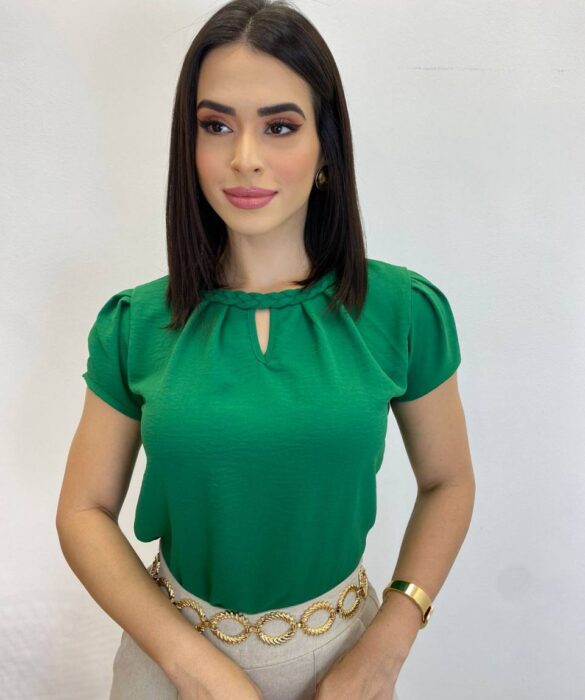 Blusa Manga Curta Feminina Érica Detalhe Trançado Verde - Fernanda Ramos Store