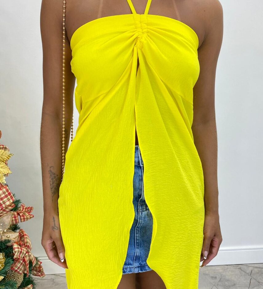 Blusa Túnica Alongada Fernanda com Abertura Frontal Amarela - Fernanda Ramos Store