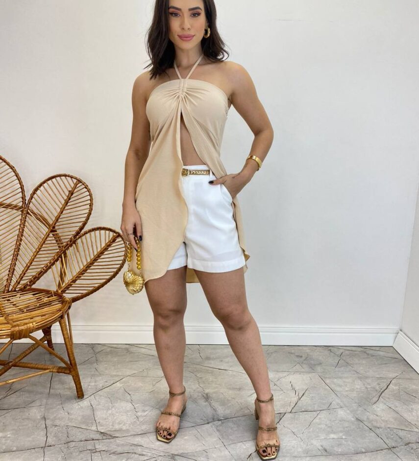 Blusa Túnica Alongada Fernanda com Abertura Frontal Bege - Fernanda Ramos Store
