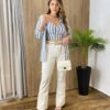 Conjunto Feminino Cropped com Bojo e Camisa Listrada de Cinza - Fernanda Ramos Store