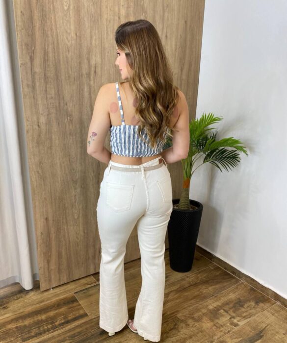 Conjunto Feminino Cropped com Bojo e Camisa Listrada de Cinza - Fernanda Ramos Store