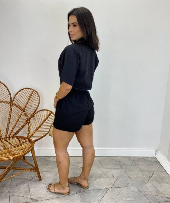 Conjunto Feminino de Linho Camisa com Botões e Short Preto - Fernanda Ramos Store