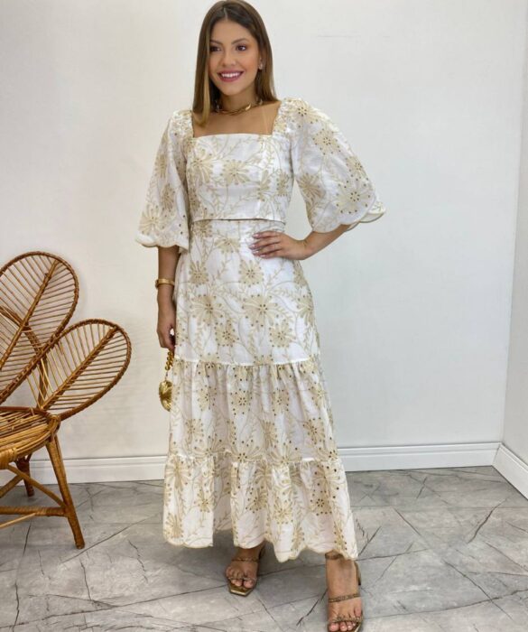 Conjunto Feminino Elo Bordado Cropped sem Bojo e Saia Midi Off White - Fernanda Ramos Store