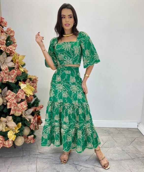 Conjunto Feminino Elo Bordado Cropped sem Bojo e Saia Midi Verde - Fernanda Ramos Store