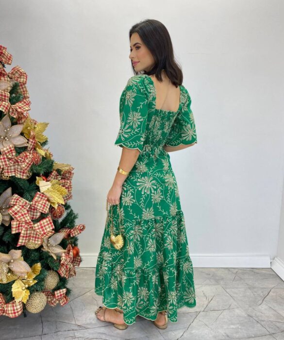 Conjunto Feminino Elo Bordado Cropped sem Bojo e Saia Midi Verde - Fernanda Ramos Store