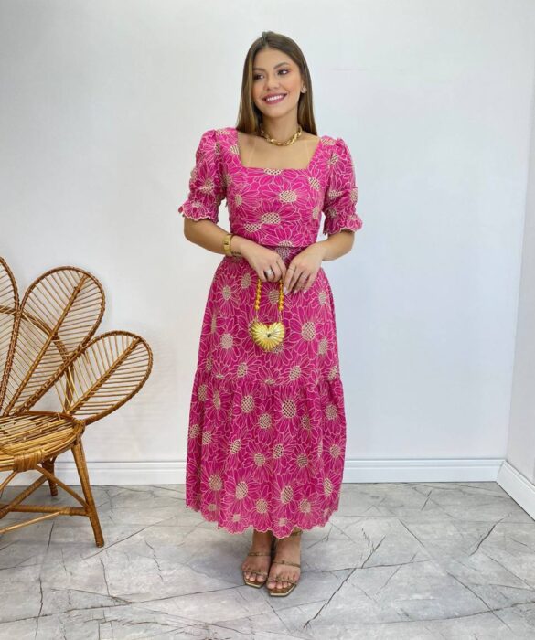 Conjunto Feminino Eloá Bordado Cropped sem Bojo e Saia Midi Pink - Fernanda Ramos Store