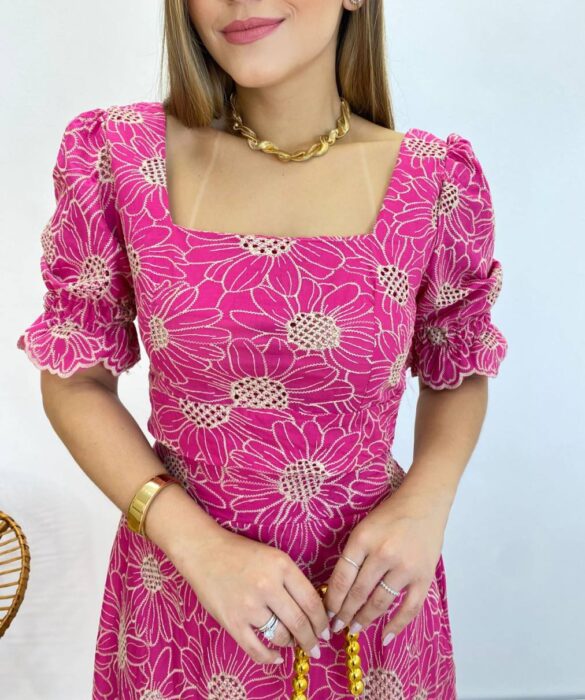 Conjunto Feminino Eloá Bordado Cropped sem Bojo e Saia Midi Pink - Fernanda Ramos Store