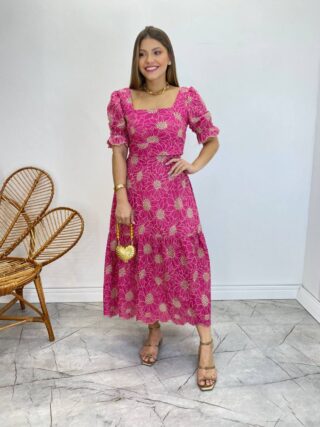 Conjunto Feminino Eloá Bordado Cropped sem Bojo e Saia Midi Pink - Fernanda Ramos Store