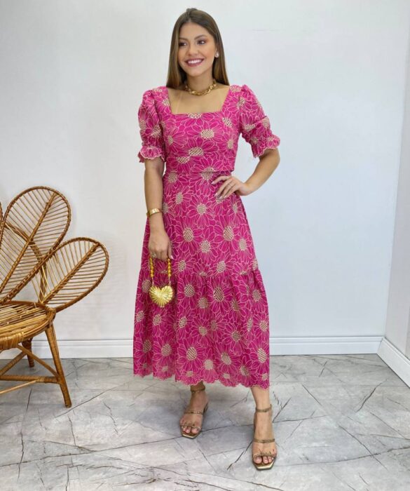 Conjunto Feminino Eloá Bordado Cropped sem Bojo e Saia Midi Pink - Fernanda Ramos Store