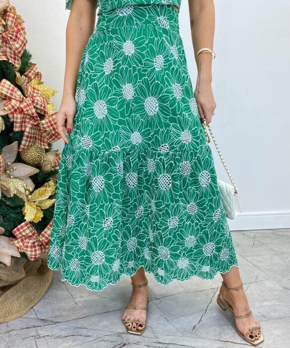 Conjunto Feminino Eloá Bordado Cropped sem Bojo e Saia Midi Verde - Fernanda Ramos Store