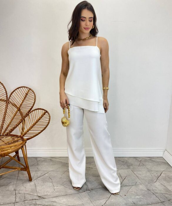 Conjunto Feminino Fernanda Bata Assimétrica e Calça Pantalona Branco - Fernanda Ramos Store