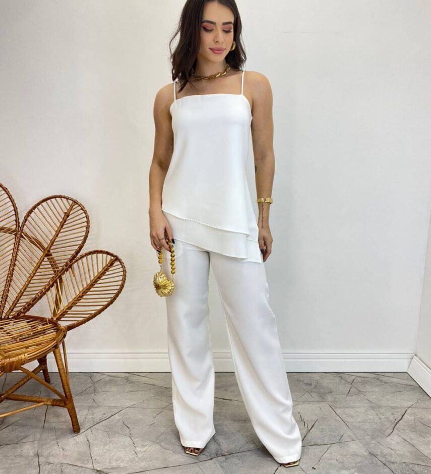 Conjunto Feminino Fernanda Bata Assimétrica e Calça Pantalona Branco - Fernanda Ramos Store