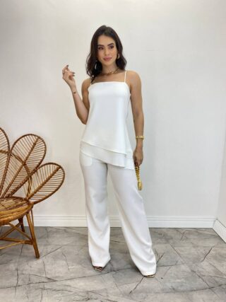 Conjunto Feminino Fernanda Bata Assimétrica e Calça Pantalona Branco - Fernanda Ramos Store