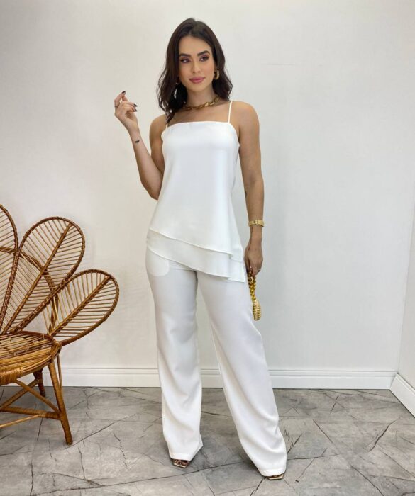 Conjunto Feminino Fernanda Bata Assimétrica e Calça Pantalona Branco - Fernanda Ramos Store