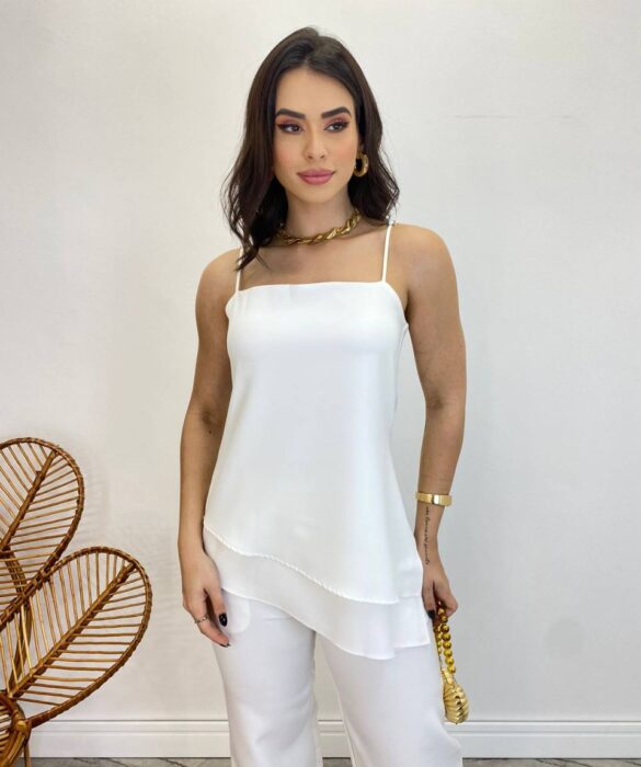 Conjunto Feminino Fernanda Bata Assimétrica e Calça Pantalona Branco - Fernanda Ramos Store