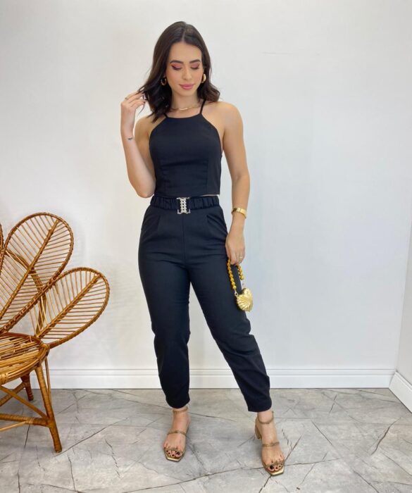 Conjunto Feminino Fernanda Calça com Cinto e Cropped sem Bojo Preto - Fernanda Ramos Store