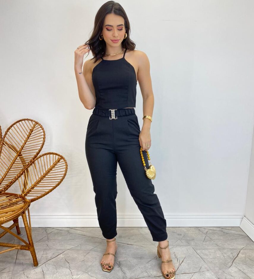 Conjunto Feminino Fernanda Calça com Cinto e Cropped sem Bojo Preto - Fernanda Ramos Store