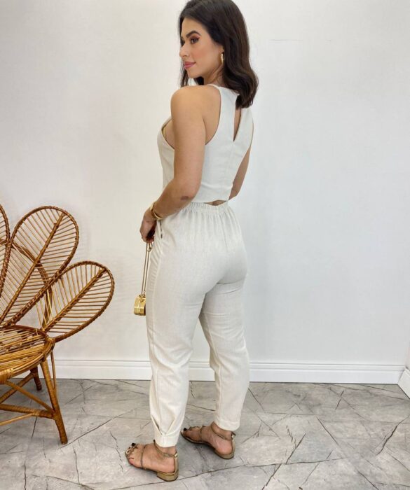 Conjunto Feminino Fernanda Calça com Cinto e Cropped sem Bojo Bege - Fernanda Ramos Store