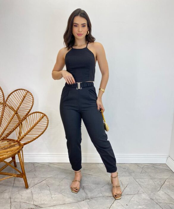 Conjunto Feminino Fernanda Calça com Cinto e Cropped sem Bojo Preto - Fernanda Ramos Store