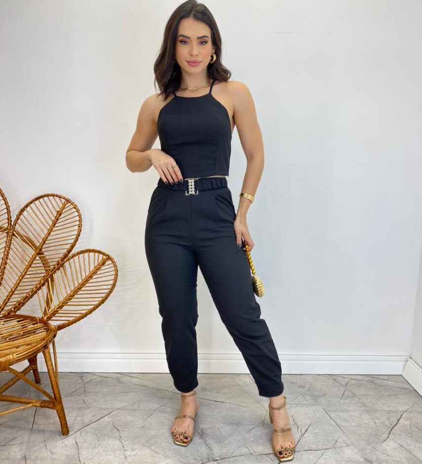 Conjunto Feminino Fernanda Calça com Cinto e Cropped sem Bojo Preto - Fernanda Ramos Store