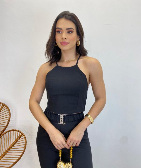 Conjunto Feminino Fernanda Calça com Cinto e Cropped sem Bojo Preto - Fernanda Ramos Store