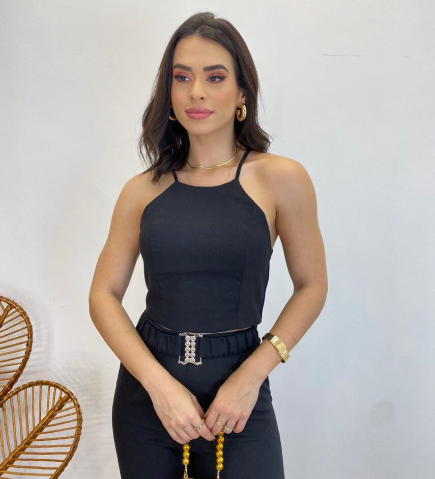 Conjunto Feminino Fernanda Calça com Cinto e Cropped sem Bojo Preto - Fernanda Ramos Store