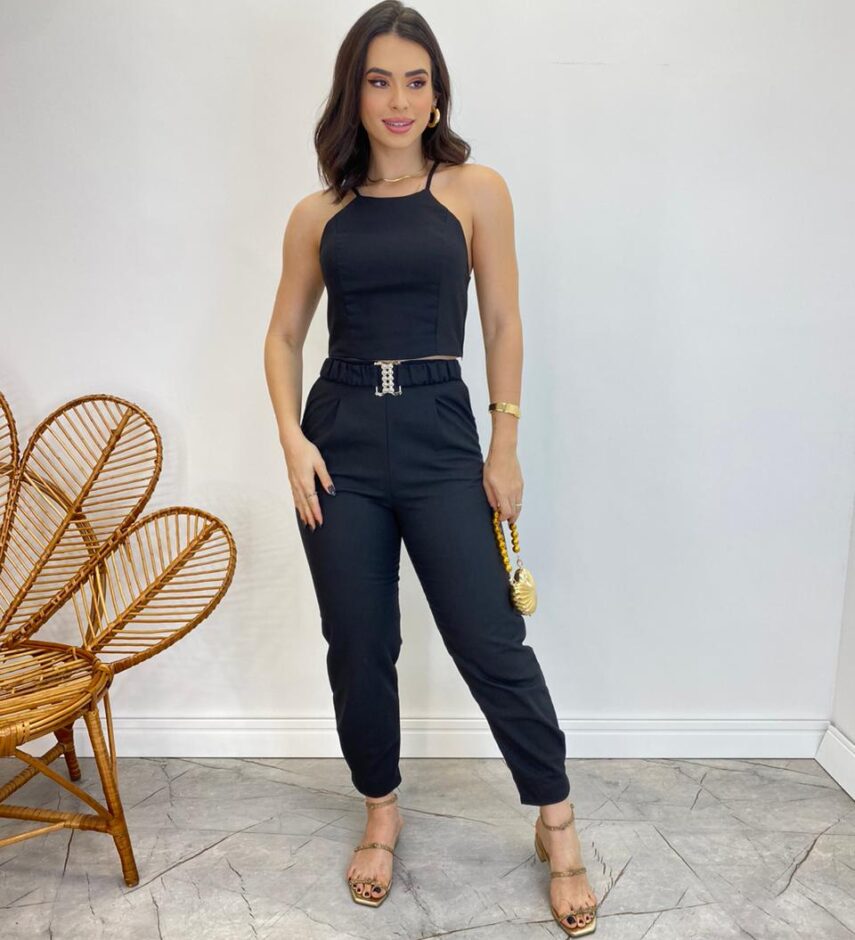 Conjunto Feminino Fernanda Calça com Cinto e Cropped sem Bojo Preto - Fernanda Ramos Store