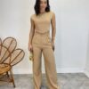 Conjunto Feminino Jéssica Cropped sem Bojo e Calça Pantalona Bege - Fernanda Ramos Store