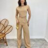 Conjunto Feminino Jéssica Cropped sem Bojo e Calça Pantalona Bege - Fernanda Ramos Store