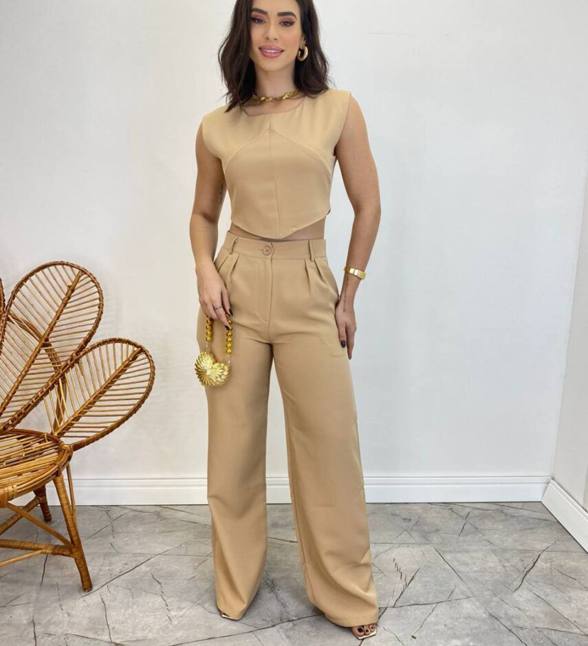 Conjunto Feminino Jéssica Cropped sem Bojo e Calça Pantalona Bege - Fernanda Ramos Store