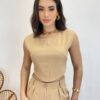 Conjunto Feminino Jéssica Cropped sem Bojo e Calça Pantalona Bege - Fernanda Ramos Store