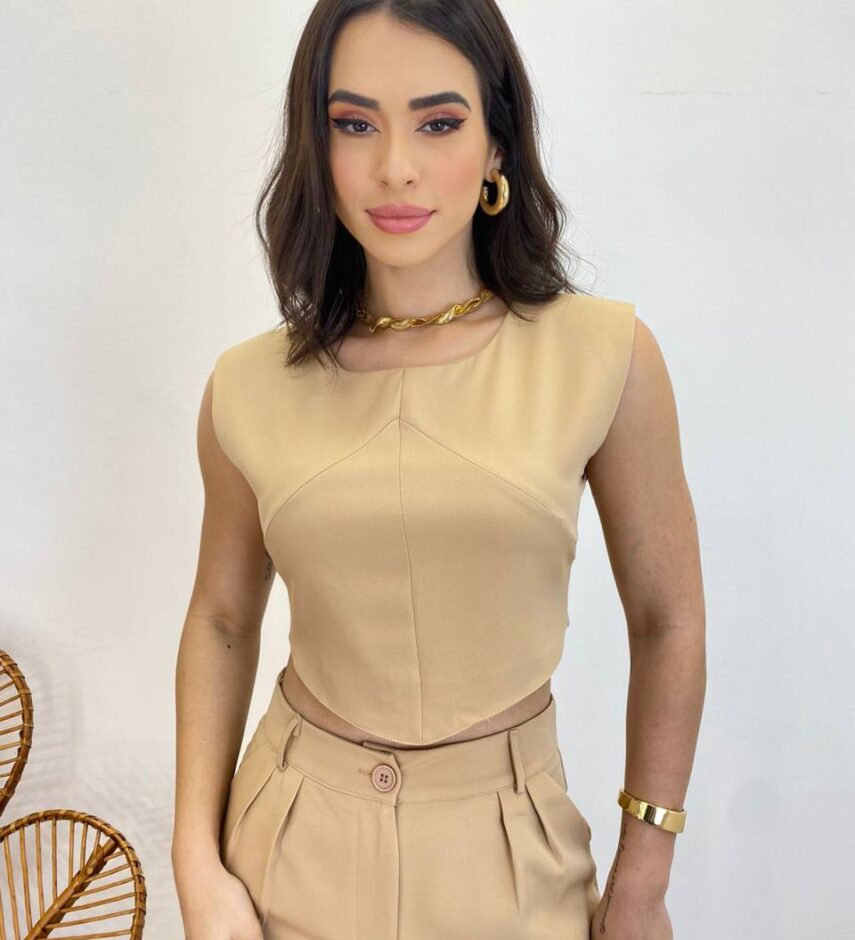 Conjunto Feminino Jéssica Cropped sem Bojo e Calça Pantalona Bege - Fernanda Ramos Store