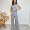 Conjunto Feminino Jéssica Cropped sem Bojo e Calça Pantalona Cinza - Fernanda Ramos Store