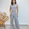 Conjunto Feminino Jéssica Cropped sem Bojo e Calça Pantalona Cinza - Fernanda Ramos Store