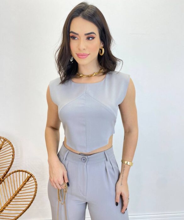 Conjunto Feminino Jéssica Cropped sem Bojo e Calça Pantalona Cinza - Fernanda Ramos Store