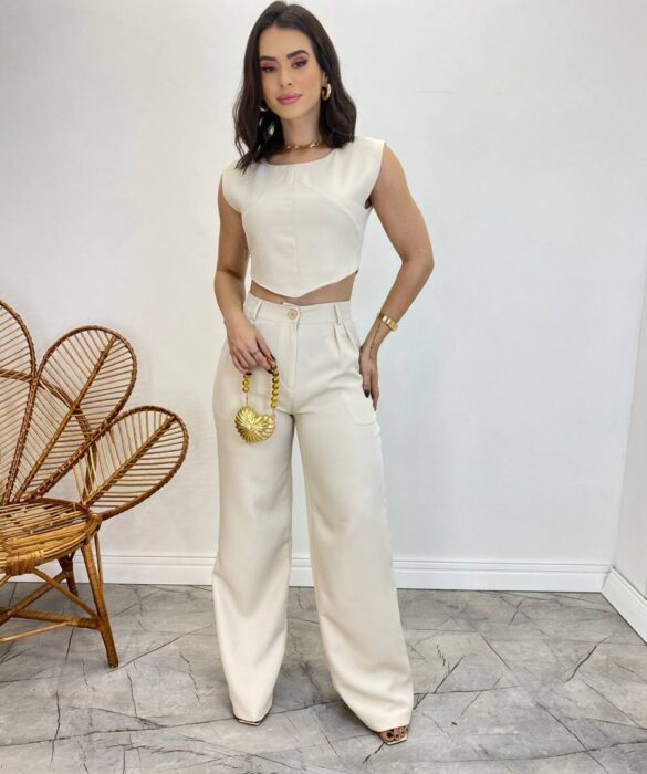 Conjunto Feminino Jéssica Cropped sem Bojo e Calça Pantalona Nude - Fernanda Ramos Store