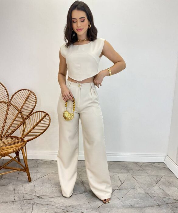 Conjunto Feminino Jéssica Cropped sem Bojo e Calça Pantalona Nude - Fernanda Ramos Store