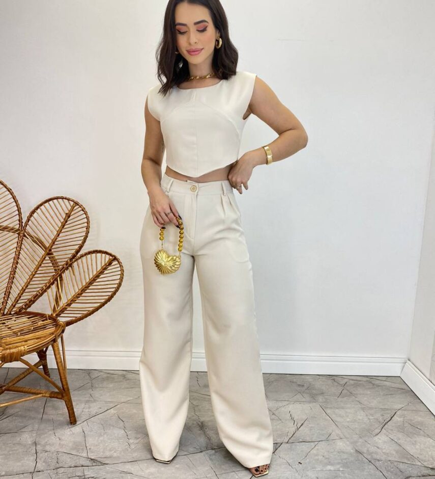 Conjunto Feminino Jéssica Cropped sem Bojo e Calça Pantalona Nude - Fernanda Ramos Store