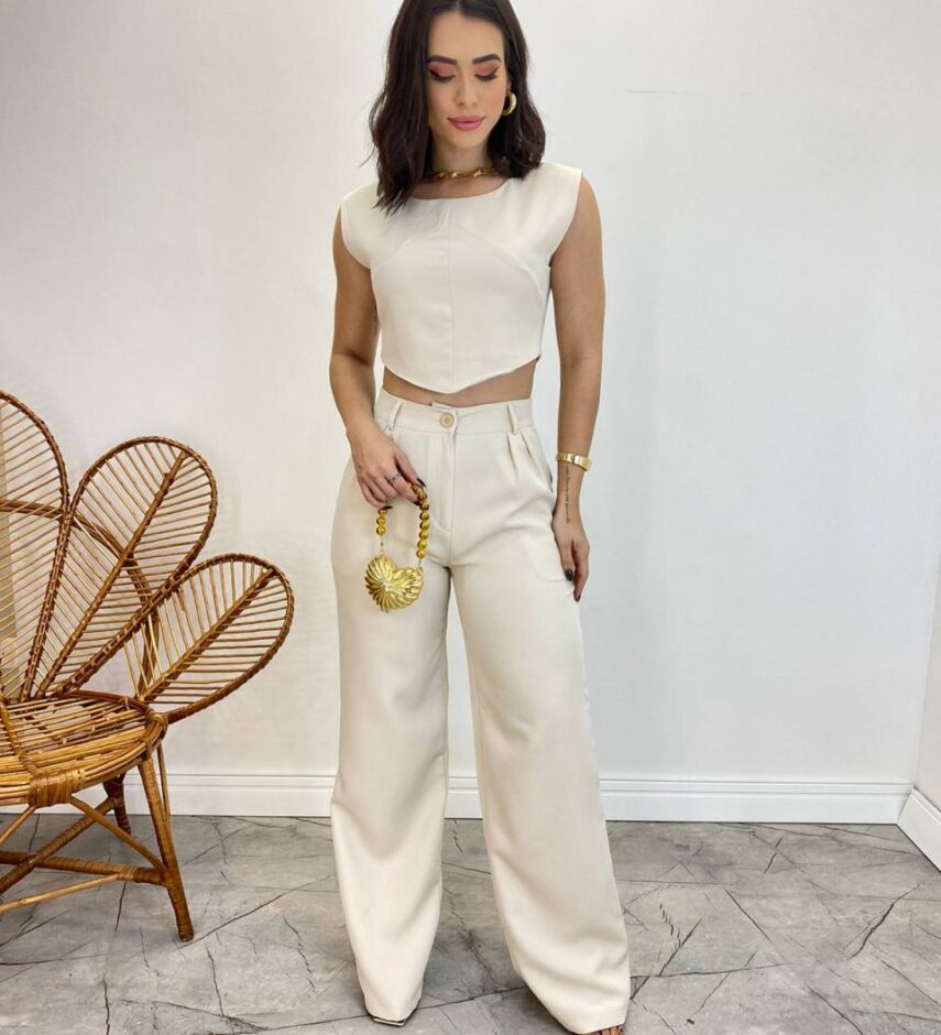 Conjunto Feminino Jéssica Cropped sem Bojo e Calça Pantalona Nude - Fernanda Ramos Store