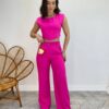 Conjunto Feminino Jéssica Cropped sem Bojo e Calça Pantalona Pink - Fernanda Ramos Store