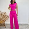 Conjunto Feminino Jéssica Cropped sem Bojo e Calça Pantalona Pink - Fernanda Ramos Store