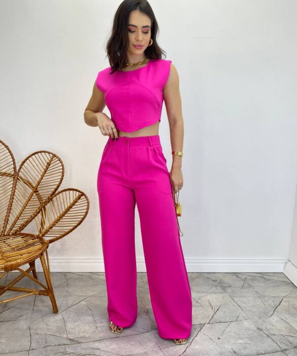 Conjunto Feminino Jéssica Cropped sem Bojo e Calça Pantalona Pink - Fernanda Ramos Store