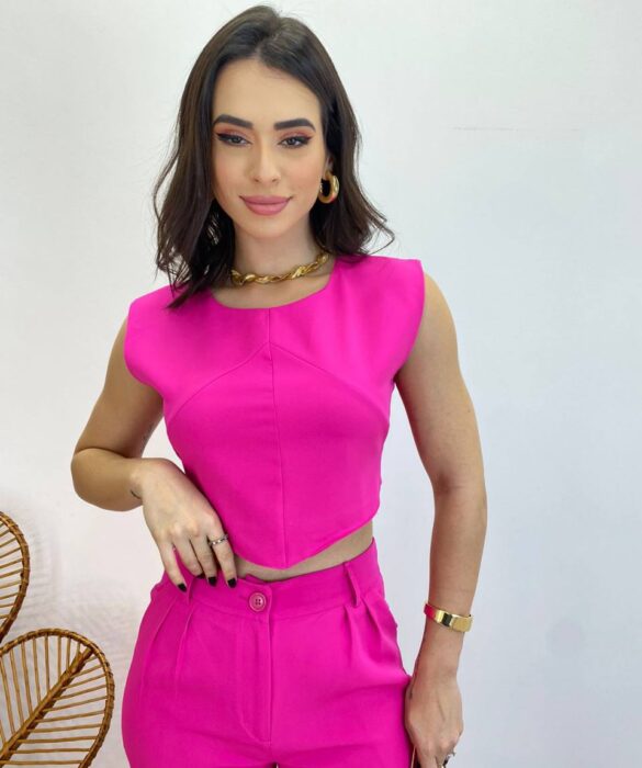 Conjunto Feminino Jéssica Cropped sem Bojo e Calça Pantalona Pink - Fernanda Ramos Store