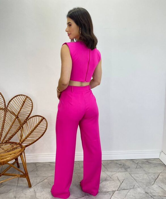 Conjunto Feminino Jéssica Cropped sem Bojo e Calça Pantalona Pink - Fernanda Ramos Store